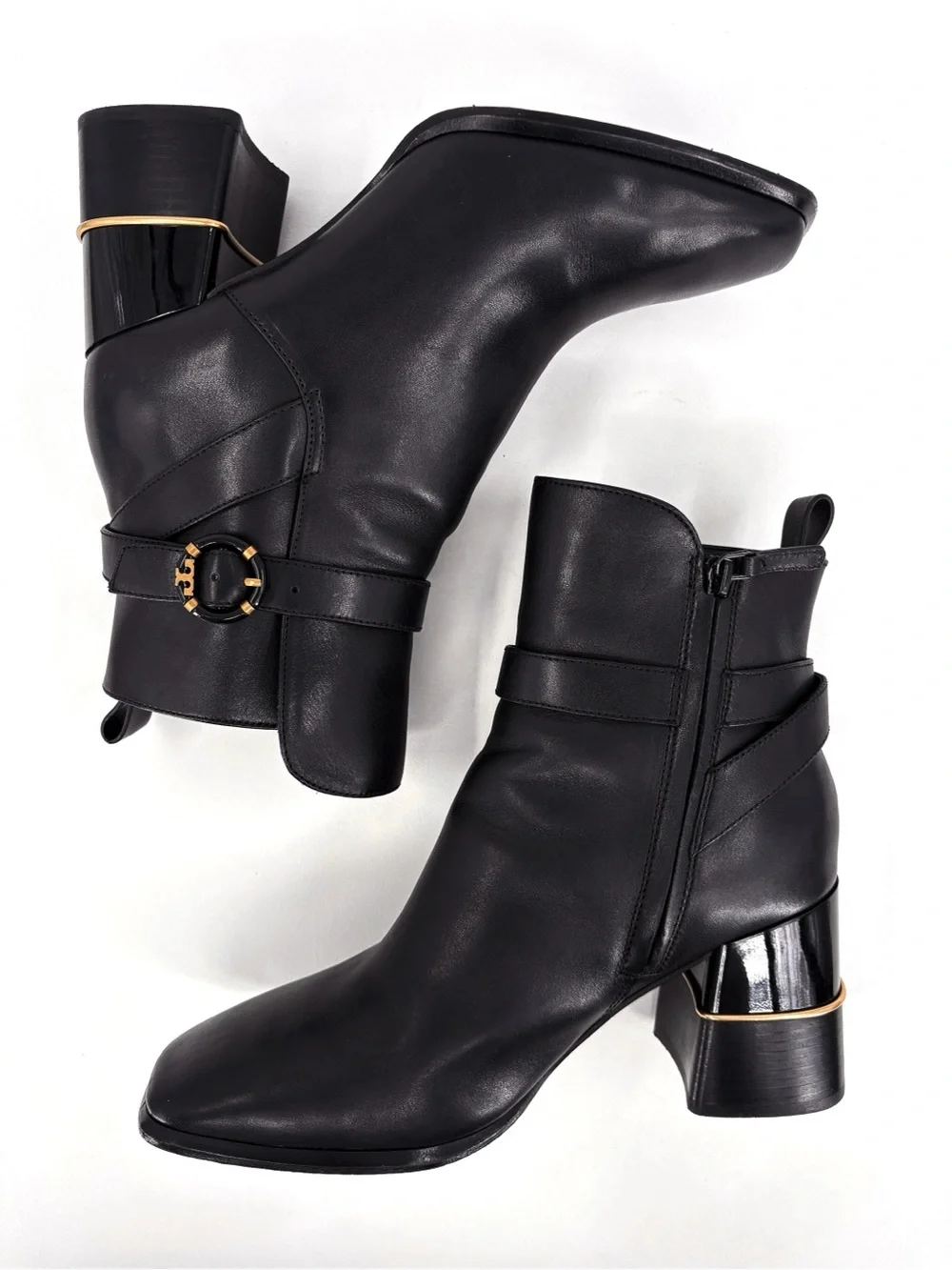 TORY BURCH Logo Buckle Square-Toe Ankle Boots in Black Leather 10 - Picture 8 of 14